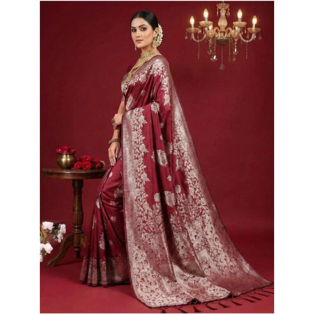 Amfyn Women's Silk Blend Printed Saree With Unstitched Blouse 5.5Mtr (Maroon)