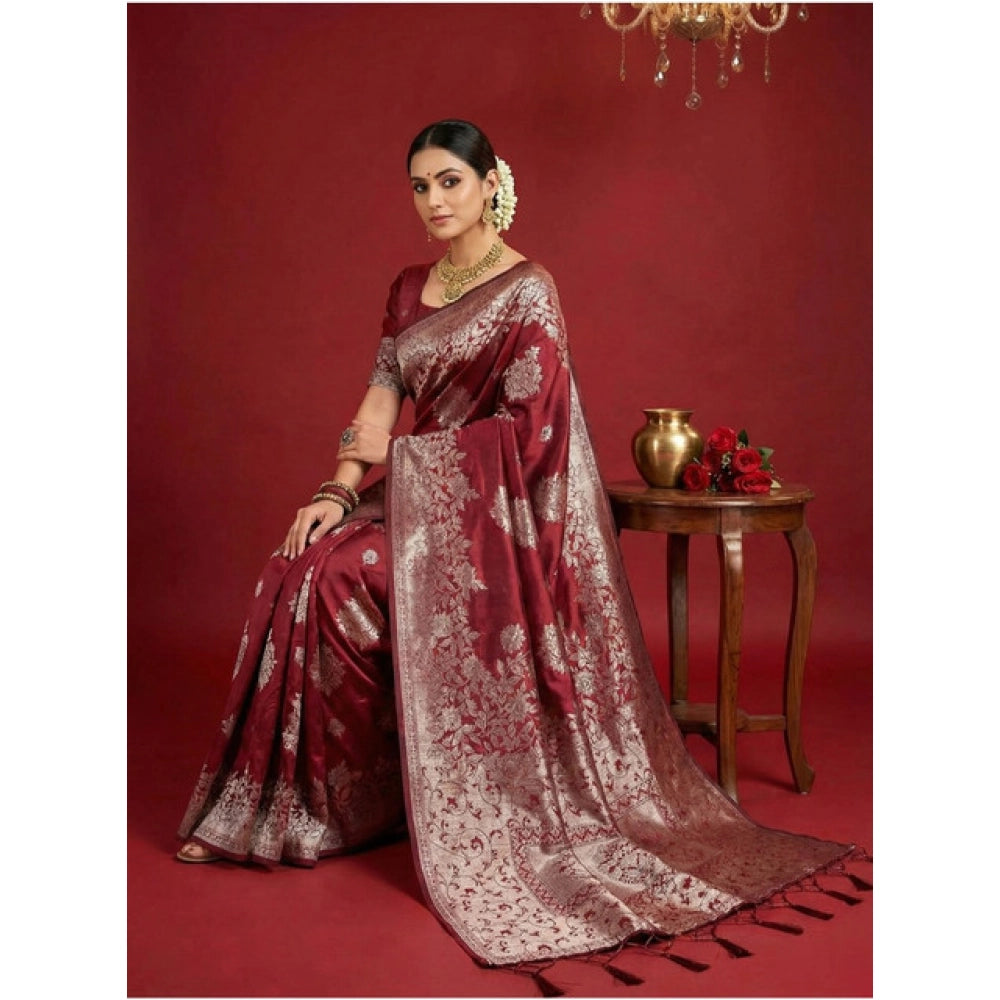 Amfyn Women's Silk Blend Printed Saree With Unstitched Blouse 5.5Mtr (Maroon)