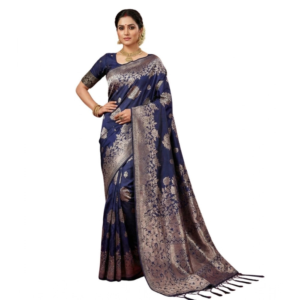 Amfyn Women's Silk Blend Printed Saree With Unstitched Blouse 5.5Mtr (Navy Blue)