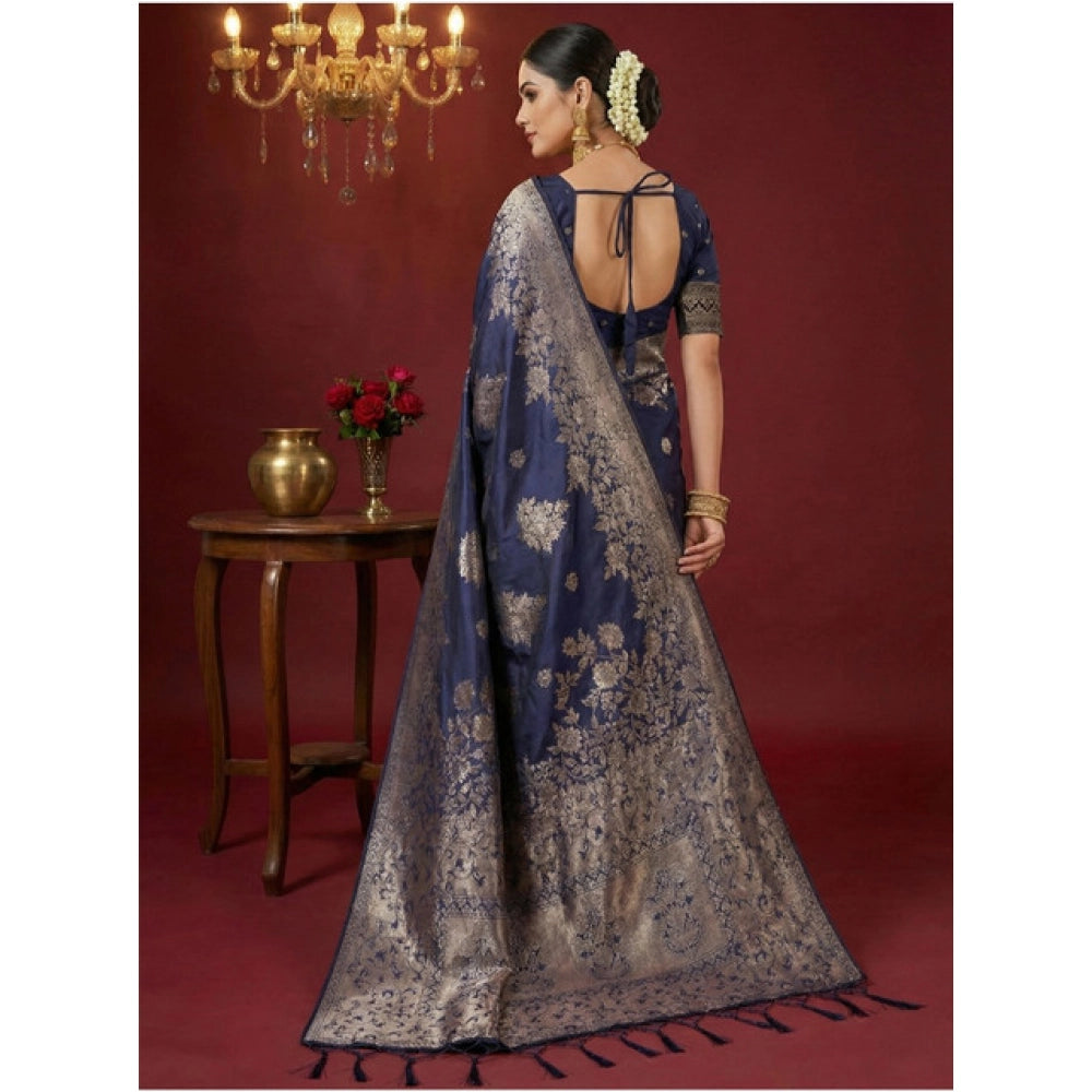 Amfyn Women's Silk Blend Printed Saree With Unstitched Blouse 5.5Mtr (Navy Blue)