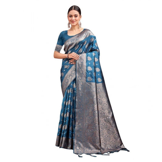 Amfyn Women's Banarasi Silk Printed Saree With Unstitched Blouse 5.5Mtr (Teal Blue)