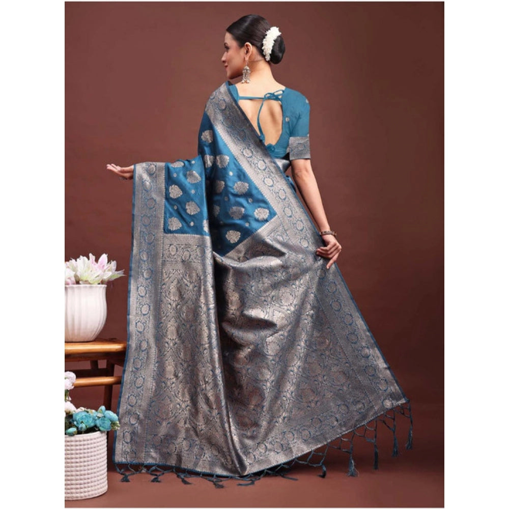 Amfyn Women's Banarasi Silk Printed Saree With Unstitched Blouse 5.5Mtr (Teal Blue)
