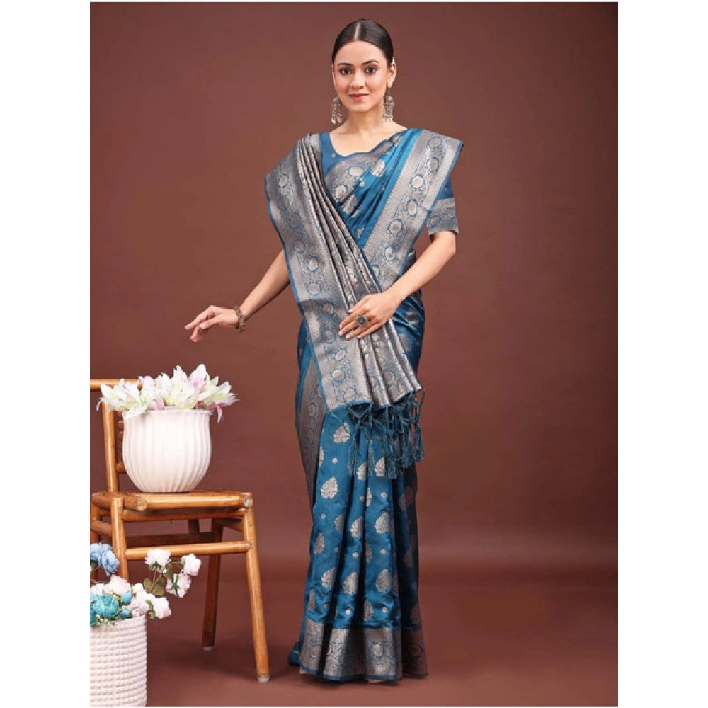 Amfyn Women's Banarasi Silk Printed Saree With Unstitched Blouse 5.5Mtr (Teal Blue)