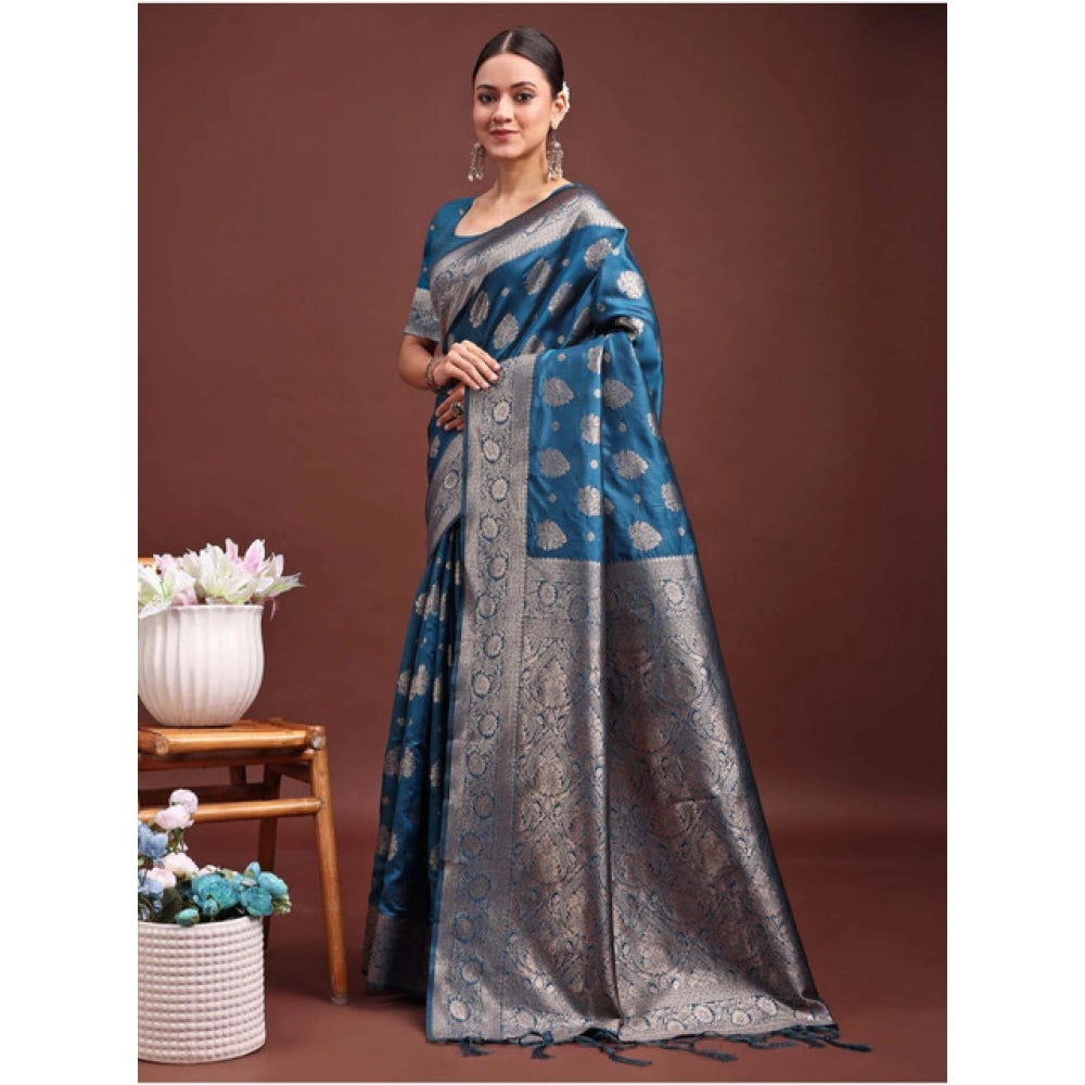 Amfyn Women's Banarasi Silk Printed Saree With Unstitched Blouse 5.5Mtr (Teal Blue)