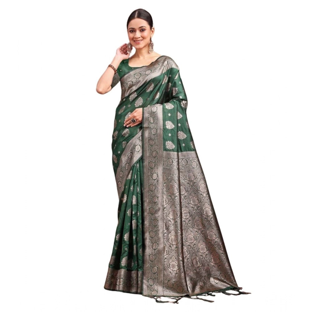 Amfyn Women's Banarasi Silk Printed Saree With Unstitched Blouse 5.5Mtr (Dark Green)