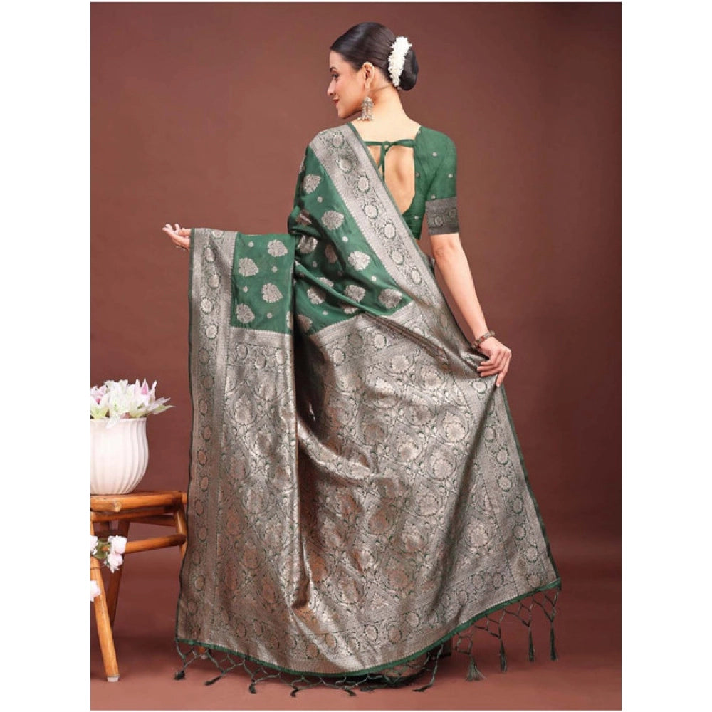 Amfyn Women's Banarasi Silk Printed Saree With Unstitched Blouse 5.5Mtr (Dark Green)
