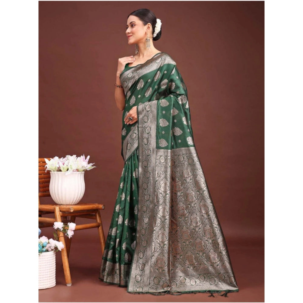 Amfyn Women's Banarasi Silk Printed Saree With Unstitched Blouse 5.5Mtr (Dark Green)