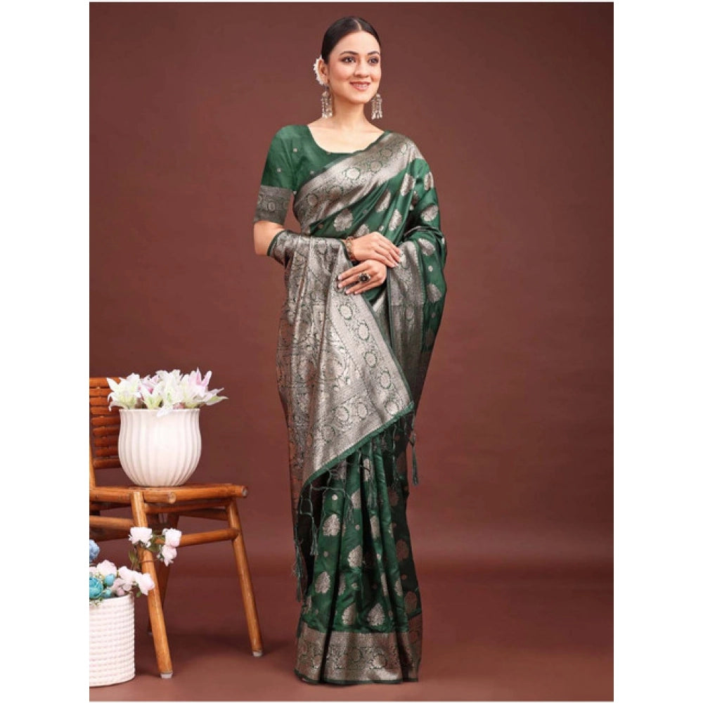 Amfyn Women's Banarasi Silk Printed Saree With Unstitched Blouse 5.5Mtr (Dark Green)