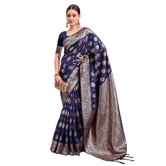 Amfyn Women's Banarasi Silk Printed Saree With Unstitched Blouse 5.5Mtr (Navy Blue)