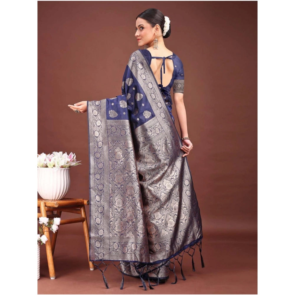 Amfyn Women's Banarasi Silk Printed Saree With Unstitched Blouse 5.5Mtr (Navy Blue)
