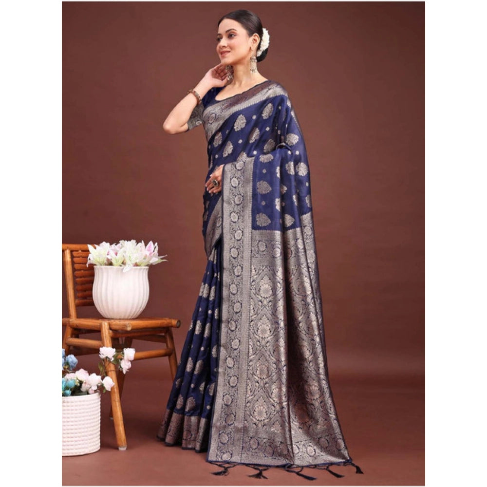 Amfyn Women's Banarasi Silk Printed Saree With Unstitched Blouse 5.5Mtr (Navy Blue)