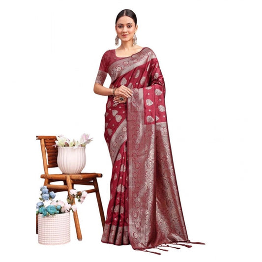 Amfyn Women's Banarasi Silk Printed Saree With Unstitched Blouse 5.5Mtr (Maroon)