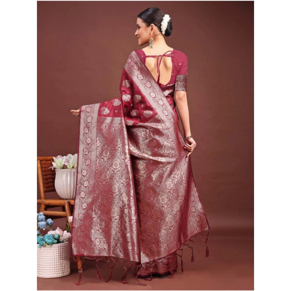 Amfyn Women's Banarasi Silk Printed Saree With Unstitched Blouse 5.5Mtr (Maroon)