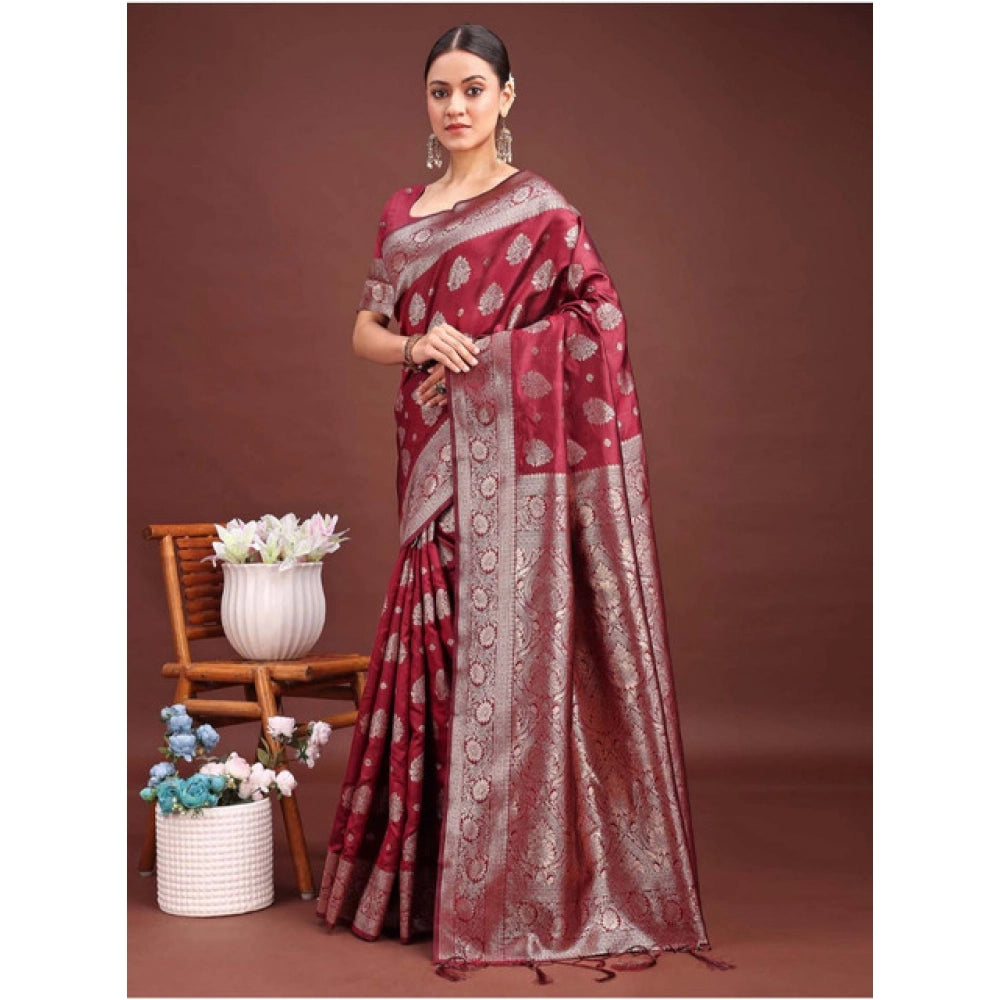 Amfyn Women's Banarasi Silk Printed Saree With Unstitched Blouse 5.5Mtr (Maroon)