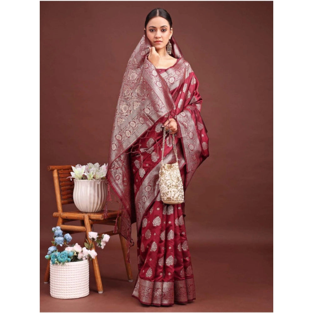 Amfyn Women's Banarasi Silk Printed Saree With Unstitched Blouse 5.5Mtr (Maroon)