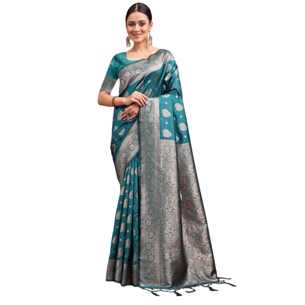 Amfyn Women's Banarasi Silk Printed Saree With Unstitched Blouse 5.5Mtr (Sea Green)