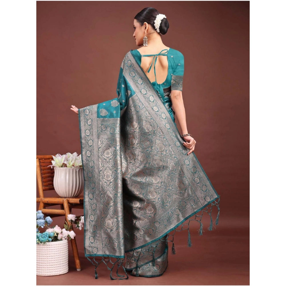 Amfyn Women's Banarasi Silk Printed Saree With Unstitched Blouse 5.5Mtr (Sea Green)