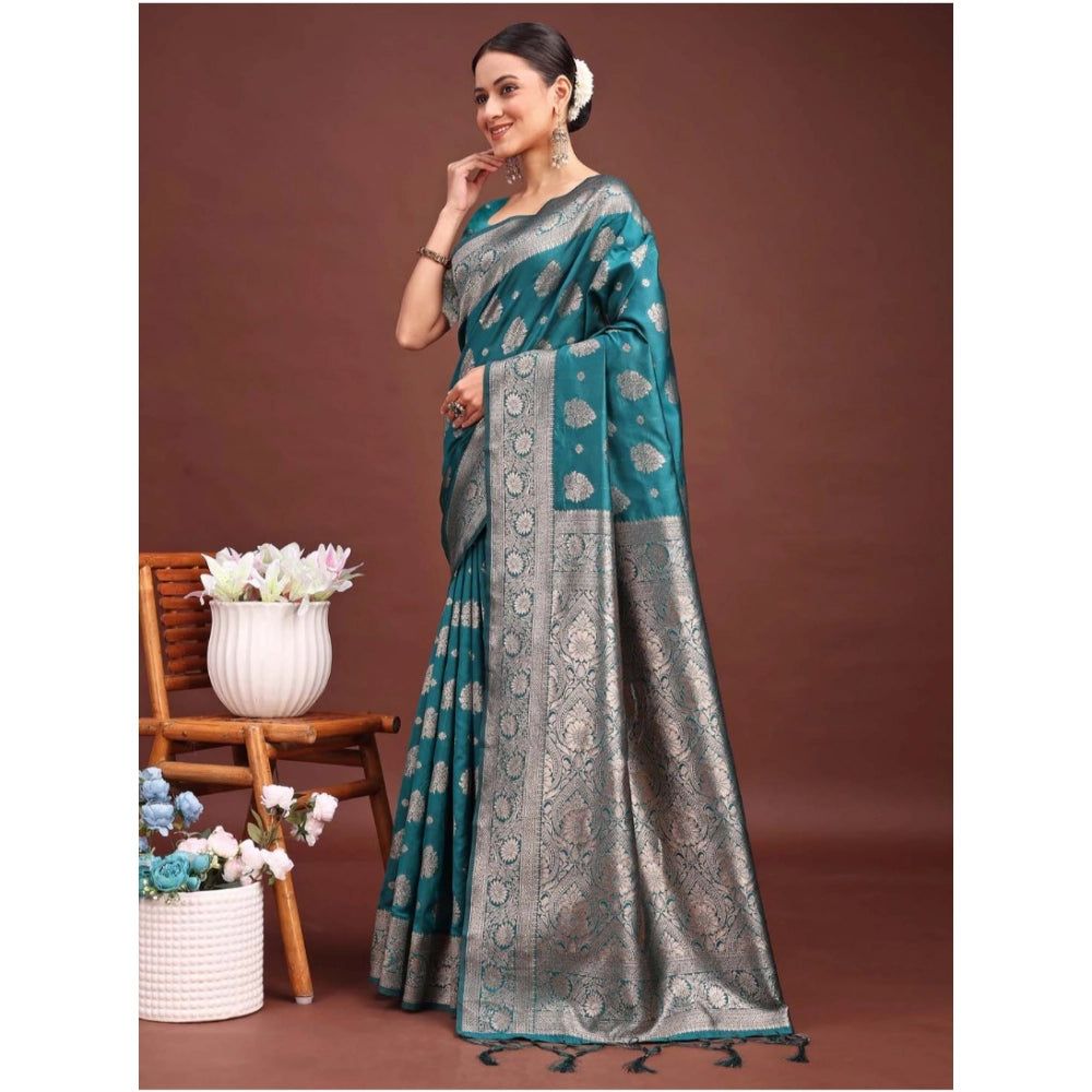 Amfyn Women's Banarasi Silk Printed Saree With Unstitched Blouse 5.5Mtr (Sea Green)