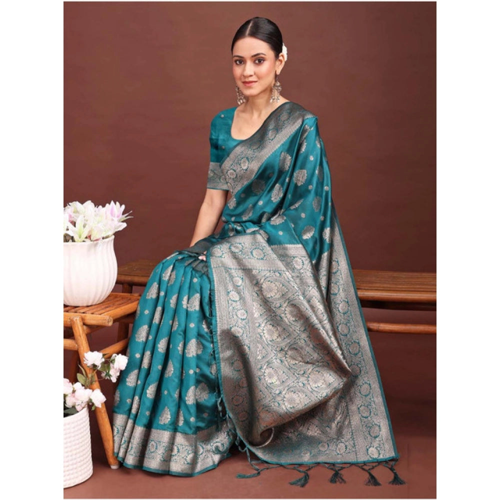 Amfyn Women's Banarasi Silk Printed Saree With Unstitched Blouse 5.5Mtr (Sea Green)