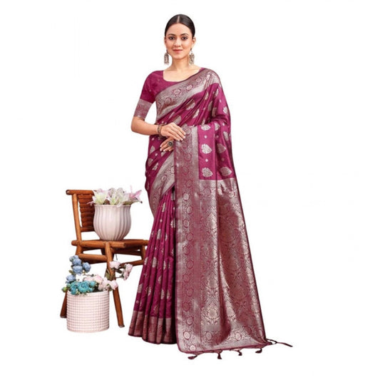 Amfyn Women's Banarasi Silk Printed Saree With Unstitched Blouse 5.5Mtr (Purple)