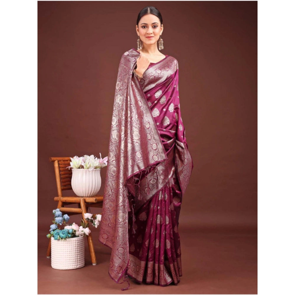 Amfyn Women's Banarasi Silk Printed Saree With Unstitched Blouse 5.5Mtr (Purple)