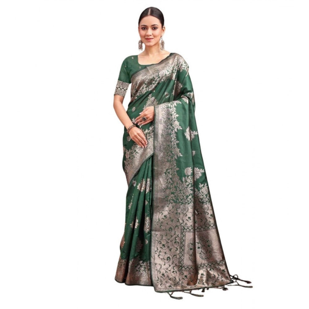 Amfyn Women's Banarasi Silk Printed Saree With Unstitched Blouse 5.5Mtr (Dark Green)