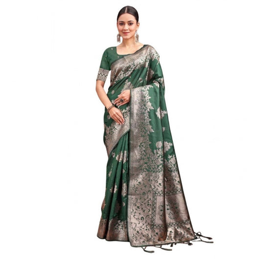 Amfyn Women's Banarasi Silk Printed Saree With Unstitched Blouse 5.5Mtr (Dark Green)