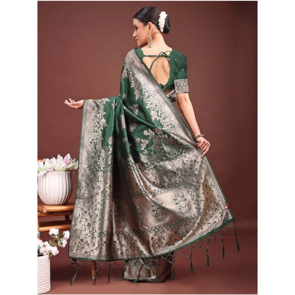 Amfyn Women's Banarasi Silk Printed Saree With Unstitched Blouse 5.5Mtr (Dark Green)