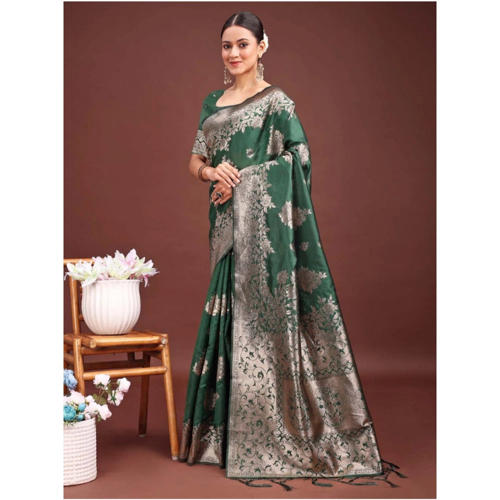 Amfyn Women's Banarasi Silk Printed Saree With Unstitched Blouse 5.5Mtr (Dark Green)
