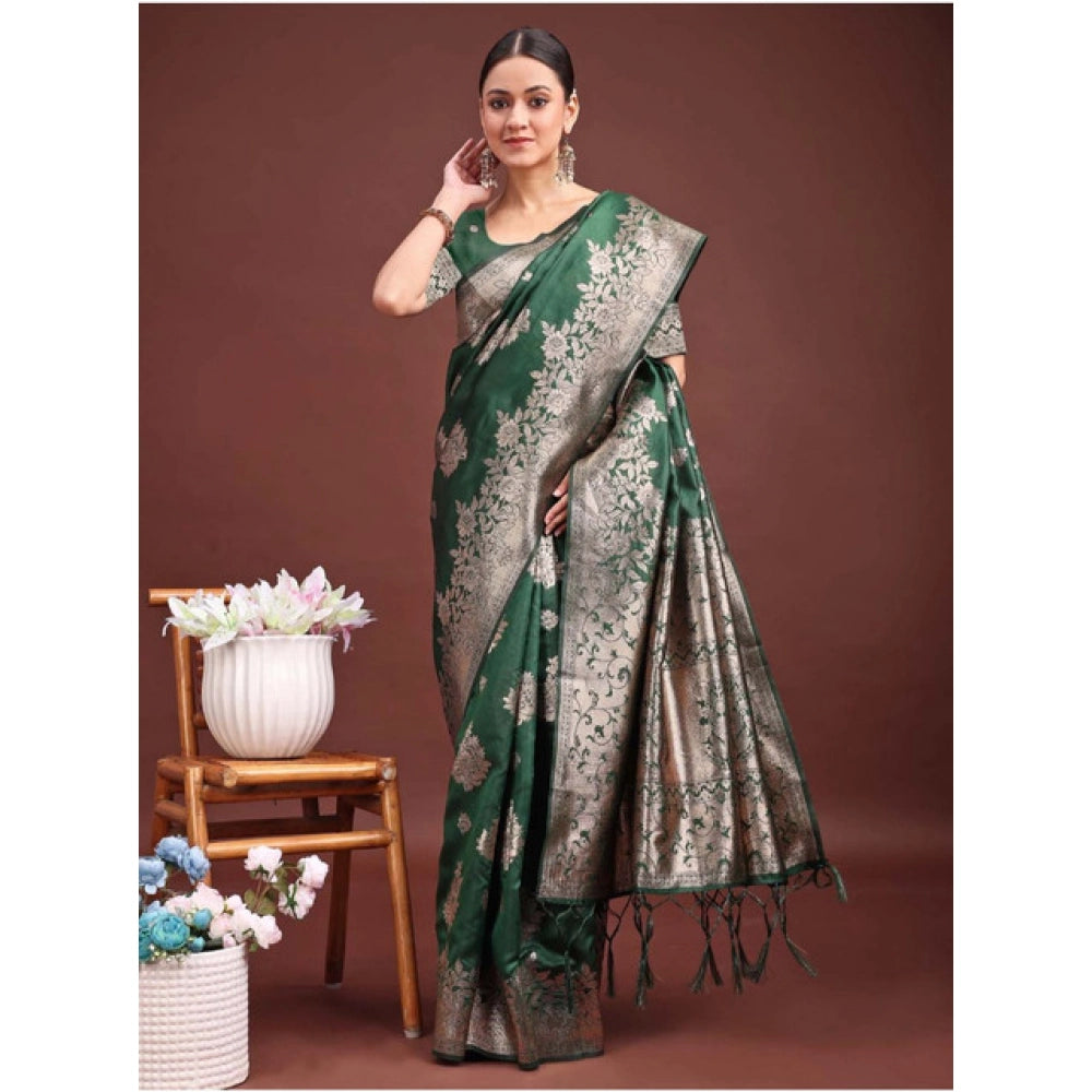 Amfyn Women's Banarasi Silk Printed Saree With Unstitched Blouse 5.5Mtr (Dark Green)