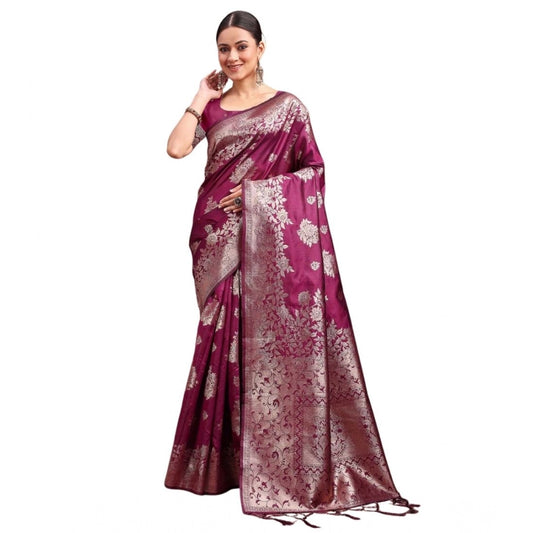 Amfyn Women's Banarasi Silk Printed Saree With Unstitched Blouse 5.5Mtr (Purple)