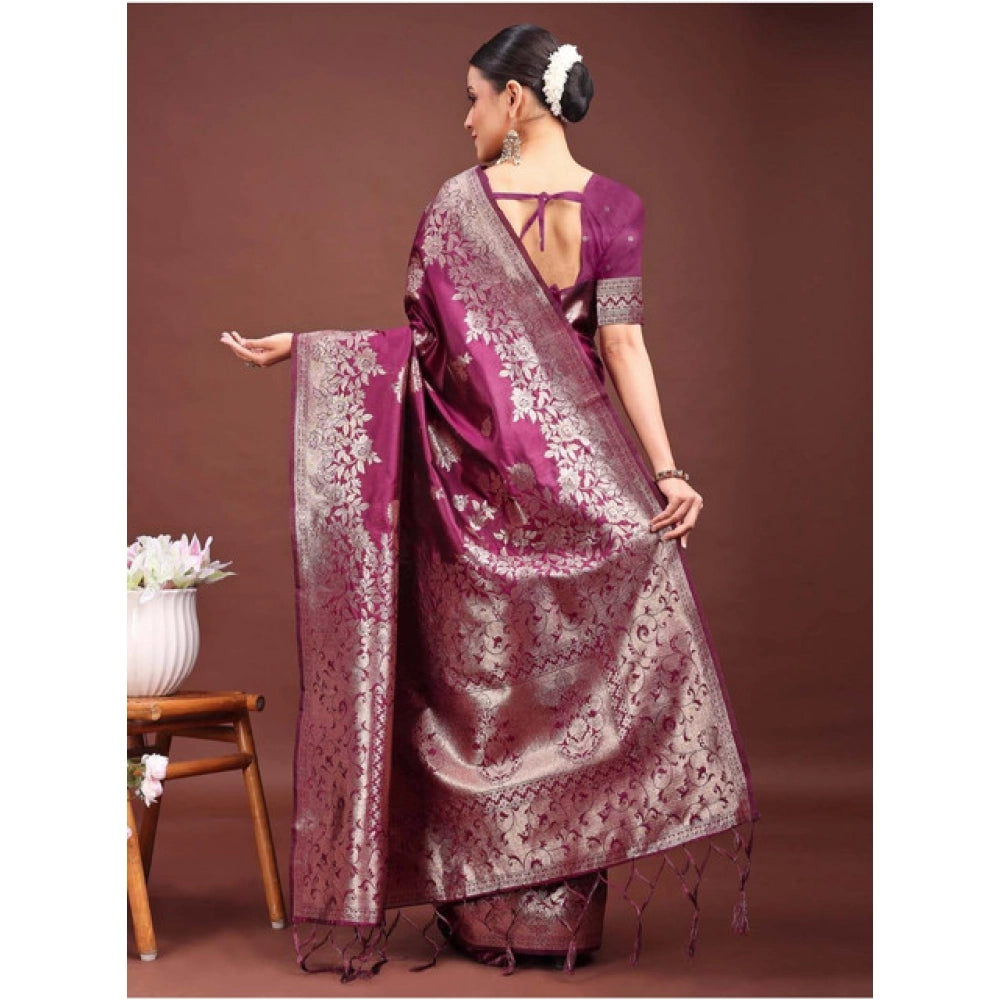 Amfyn Women's Banarasi Silk Printed Saree With Unstitched Blouse 5.5Mtr (Purple)