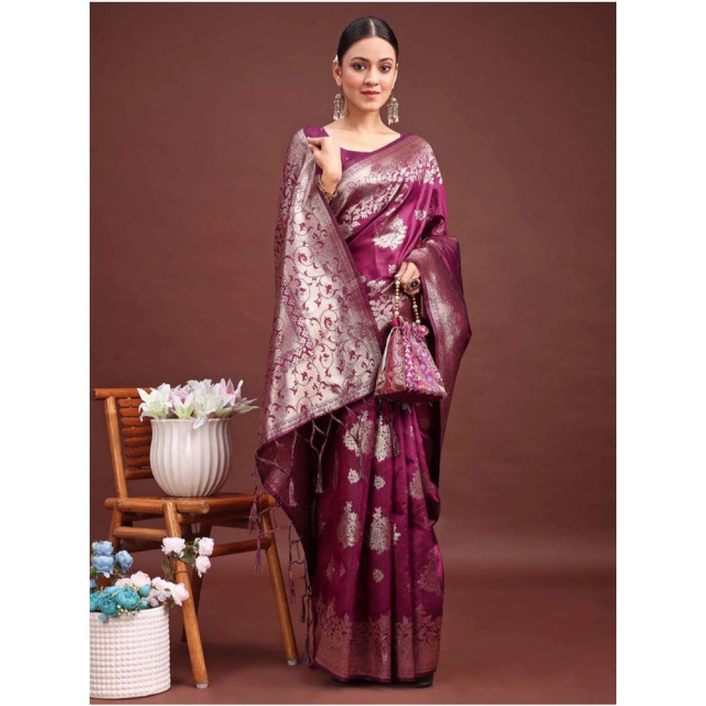 Amfyn Women's Banarasi Silk Printed Saree With Unstitched Blouse 5.5Mtr (Purple)