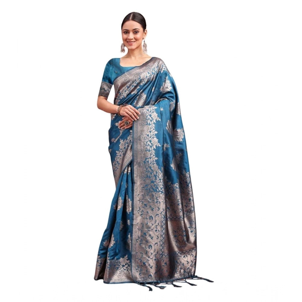 Amfyn Women's Banarasi Silk Printed Saree With Unstitched Blouse 5.5Mtr (Teal Blue)