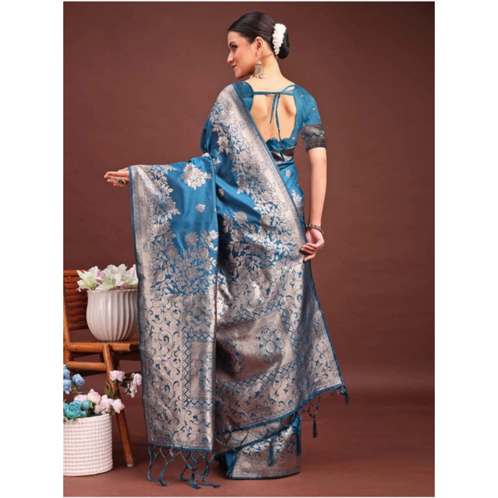 Amfyn Women's Banarasi Silk Printed Saree With Unstitched Blouse 5.5Mtr (Teal Blue)
