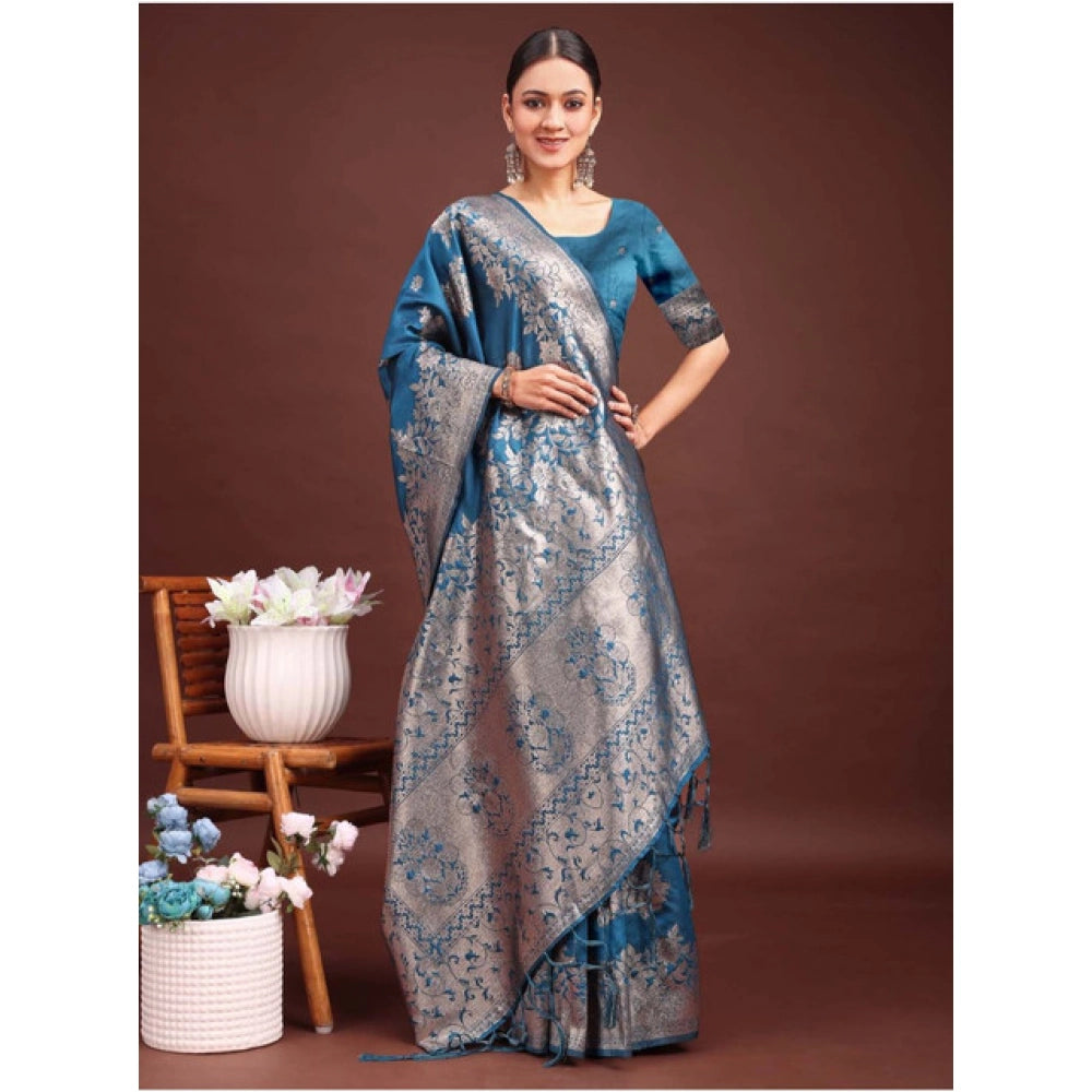 Amfyn Women's Banarasi Silk Printed Saree With Unstitched Blouse 5.5Mtr (Teal Blue)