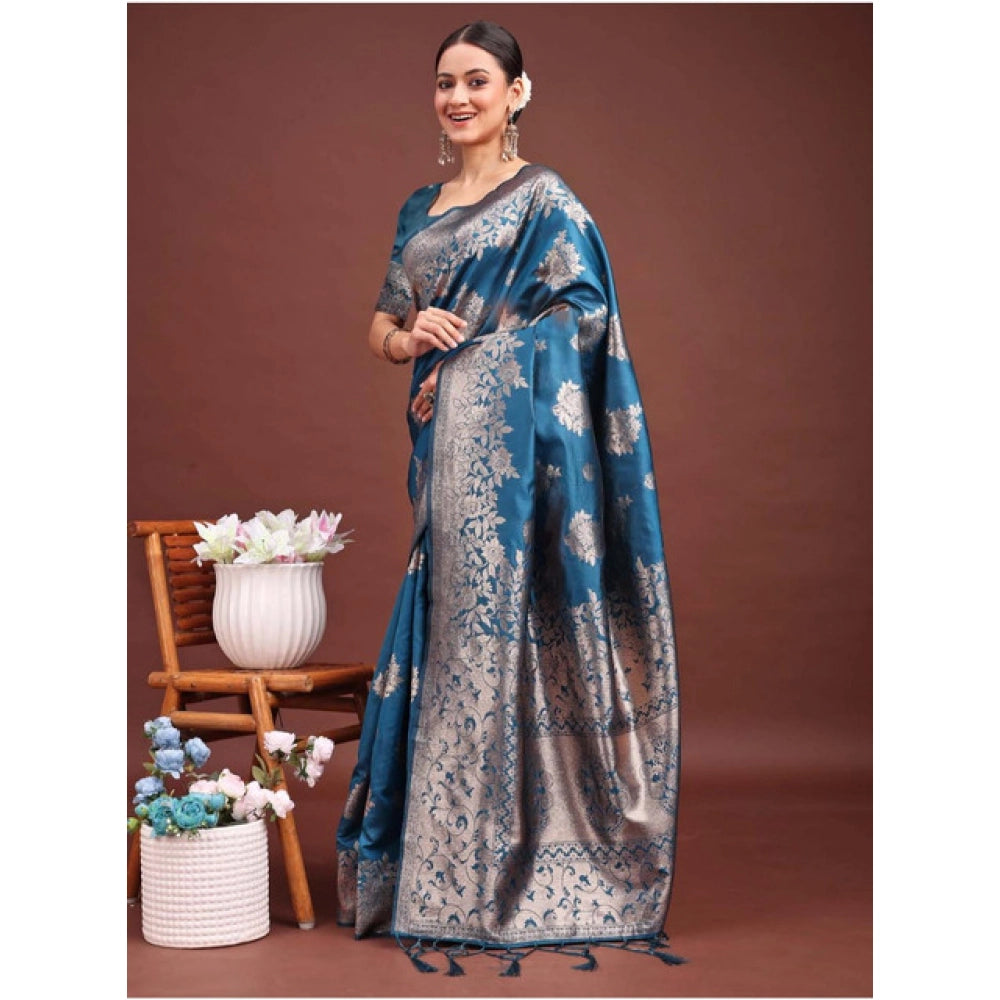 Amfyn Women's Banarasi Silk Printed Saree With Unstitched Blouse 5.5Mtr (Teal Blue)