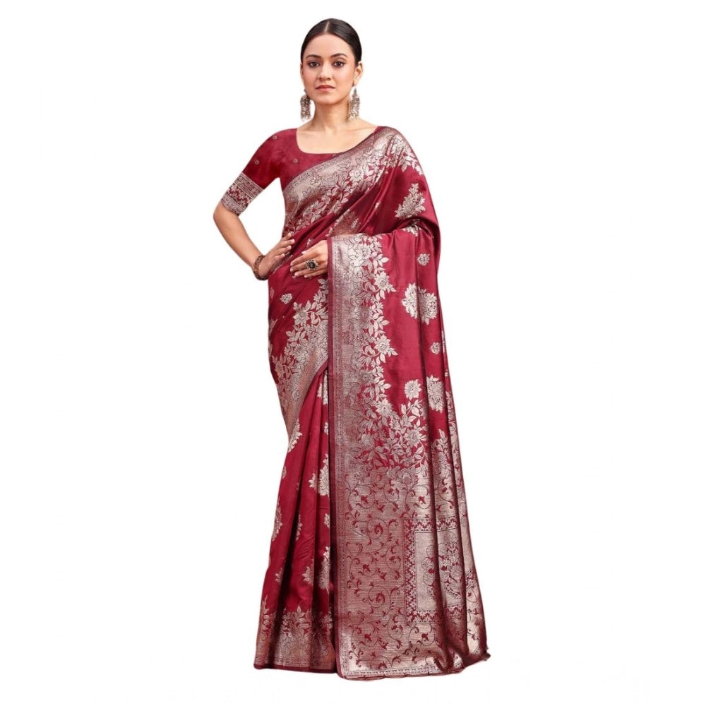 Amfyn Women's Banarasi Silk Printed Saree With Unstitched Blouse 5.5Mtr (Maroon)