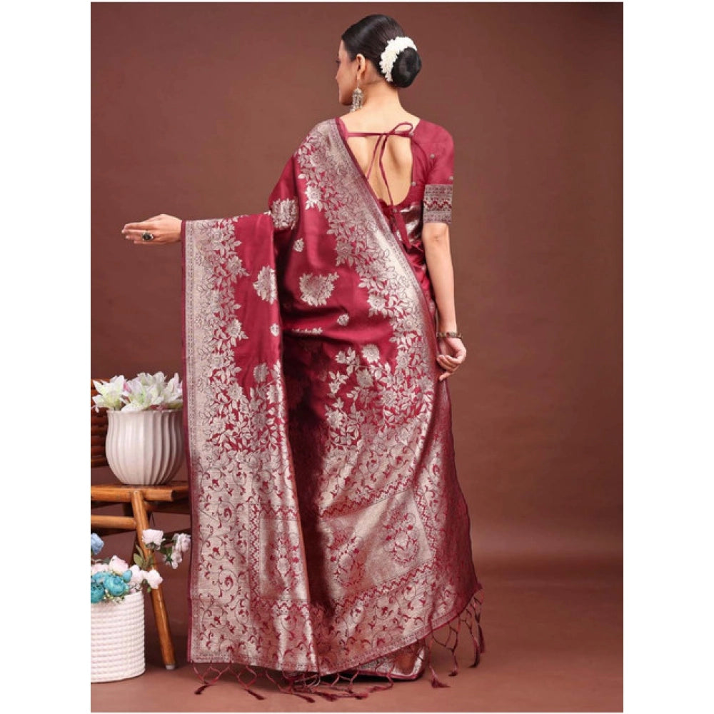 Amfyn Women's Banarasi Silk Printed Saree With Unstitched Blouse 5.5Mtr (Maroon)