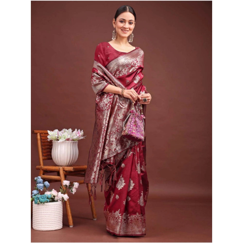 Amfyn Women's Banarasi Silk Printed Saree With Unstitched Blouse 5.5Mtr (Maroon)