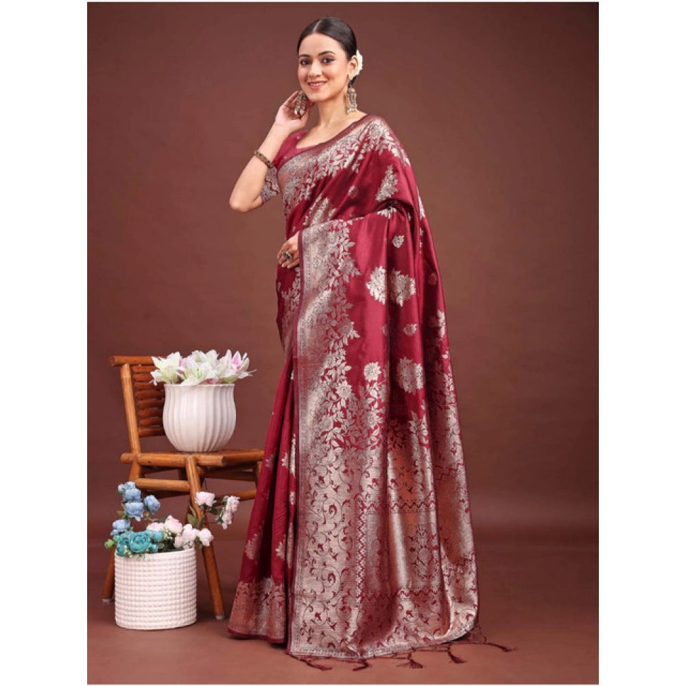 Amfyn Women's Banarasi Silk Printed Saree With Unstitched Blouse 5.5Mtr (Maroon)
