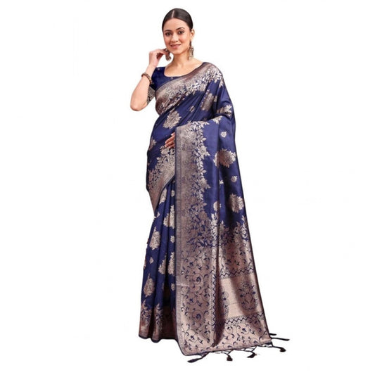 Amfyn Women's Banarasi Silk Printed Saree With Unstitched Blouse 5.5Mtr (Navy Blue)