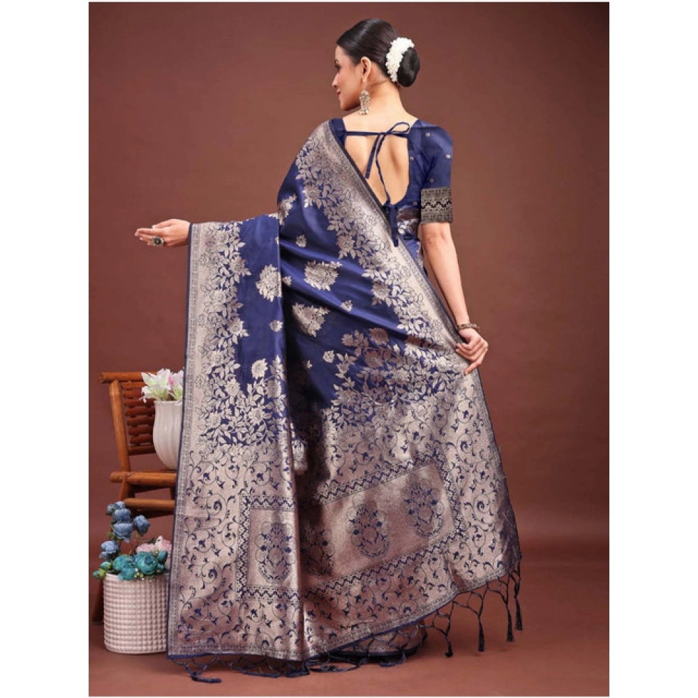 Amfyn Women's Banarasi Silk Printed Saree With Unstitched Blouse 5.5Mtr (Navy Blue)