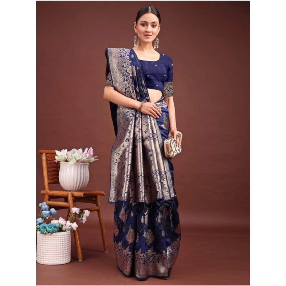 Amfyn Women's Banarasi Silk Printed Saree With Unstitched Blouse 5.5Mtr (Navy Blue)