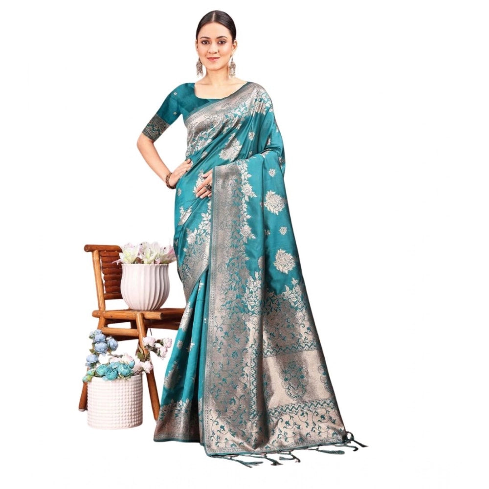 Amfyn Women's Banarasi Silk Printed Saree With Unstitched Blouse 5.5Mtr (Sea Green)