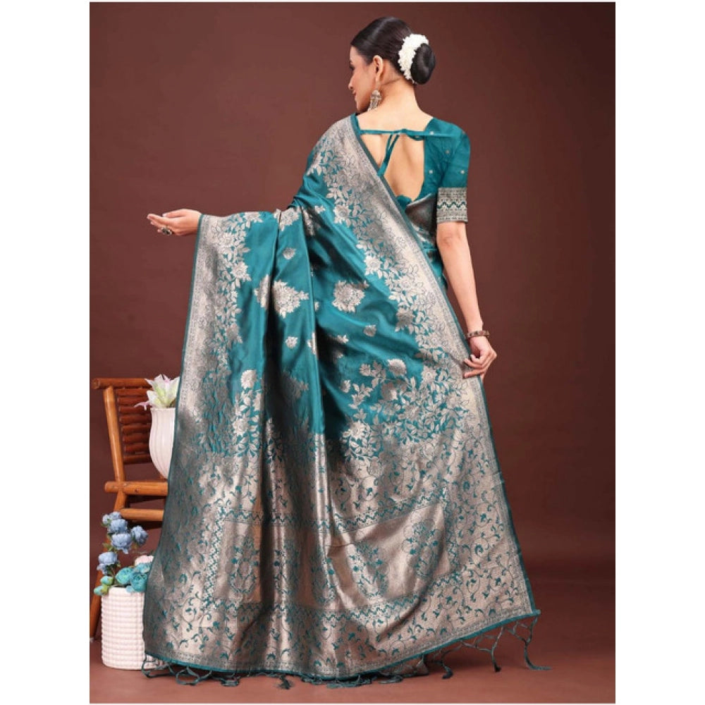 Amfyn Women's Banarasi Silk Printed Saree With Unstitched Blouse 5.5Mtr (Sea Green)
