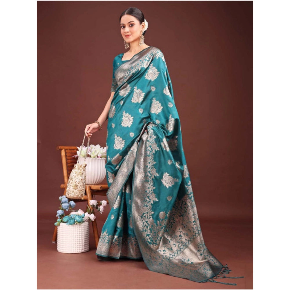 Amfyn Women's Banarasi Silk Printed Saree With Unstitched Blouse 5.5Mtr (Sea Green)