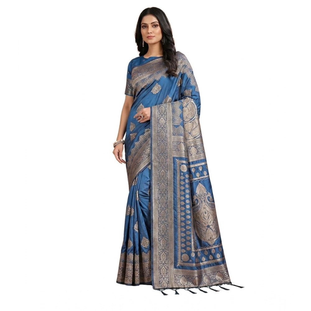 Amfyn Women's Silk Blend Printed Saree With Unstitched Blouse 5.5Mtr (Sky Blue)