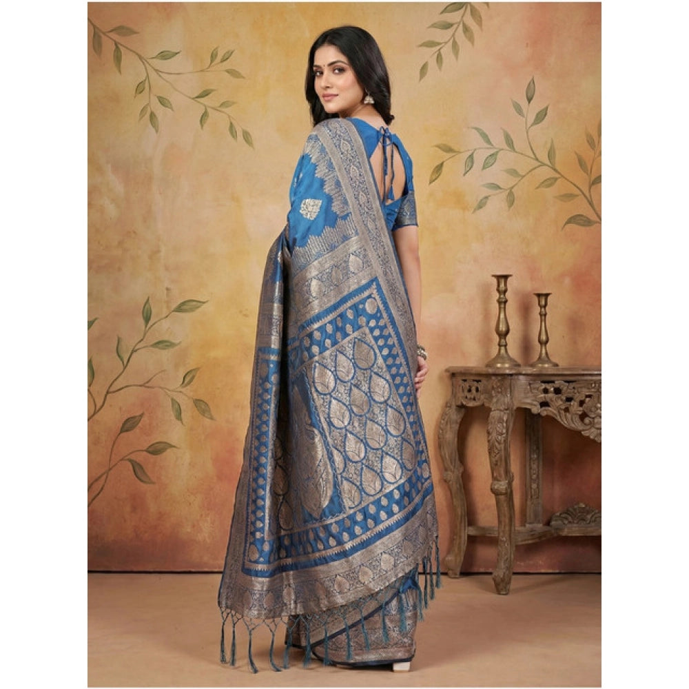 Amfyn Women's Silk Blend Printed Saree With Unstitched Blouse 5.5Mtr (Sky Blue)