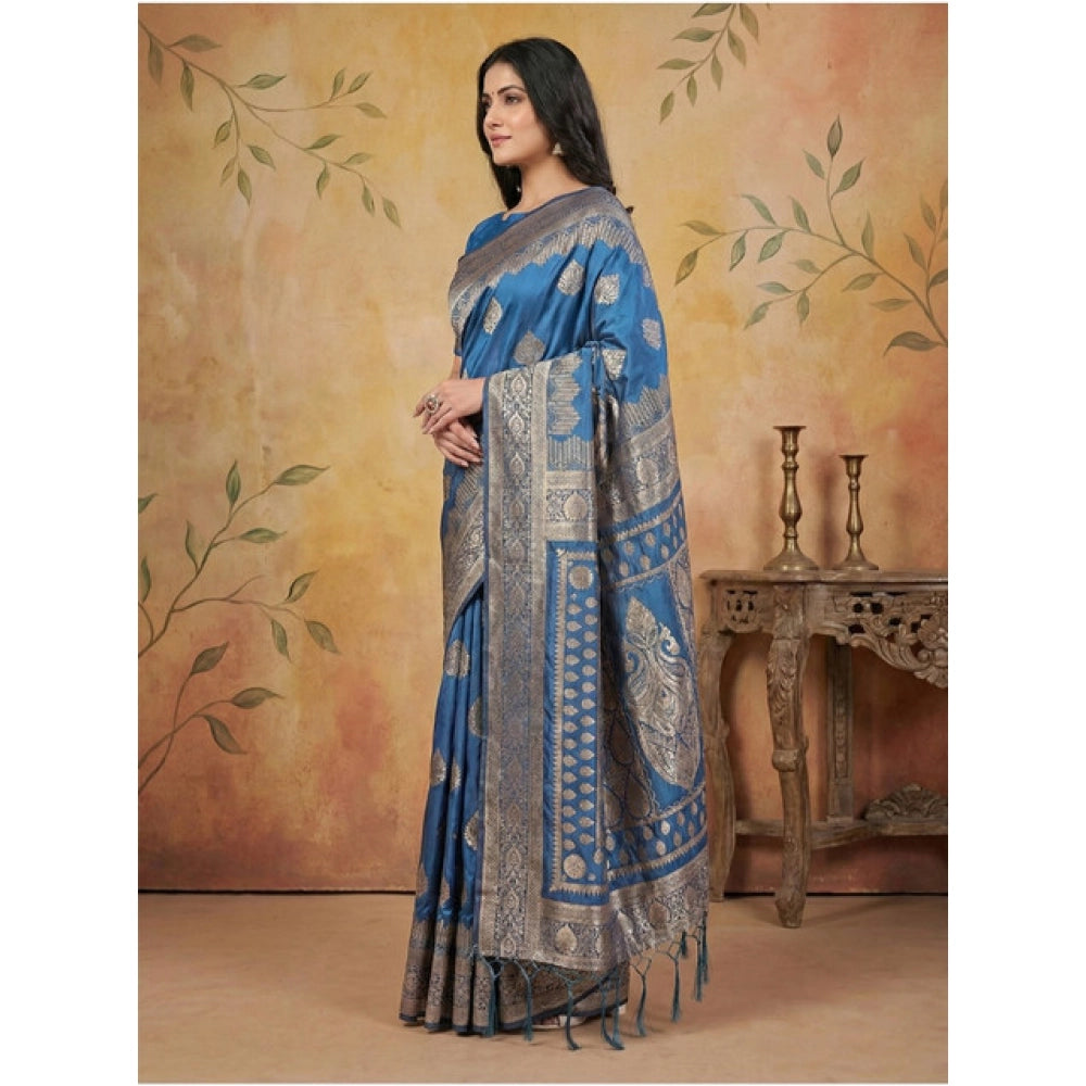 Amfyn Women's Silk Blend Printed Saree With Unstitched Blouse 5.5Mtr (Sky Blue)